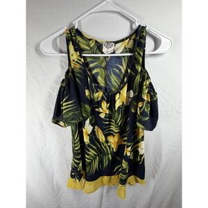Late August Cold Shoulder Top S Small Tropical Floral Palm Leaf Navy Yellow Boho